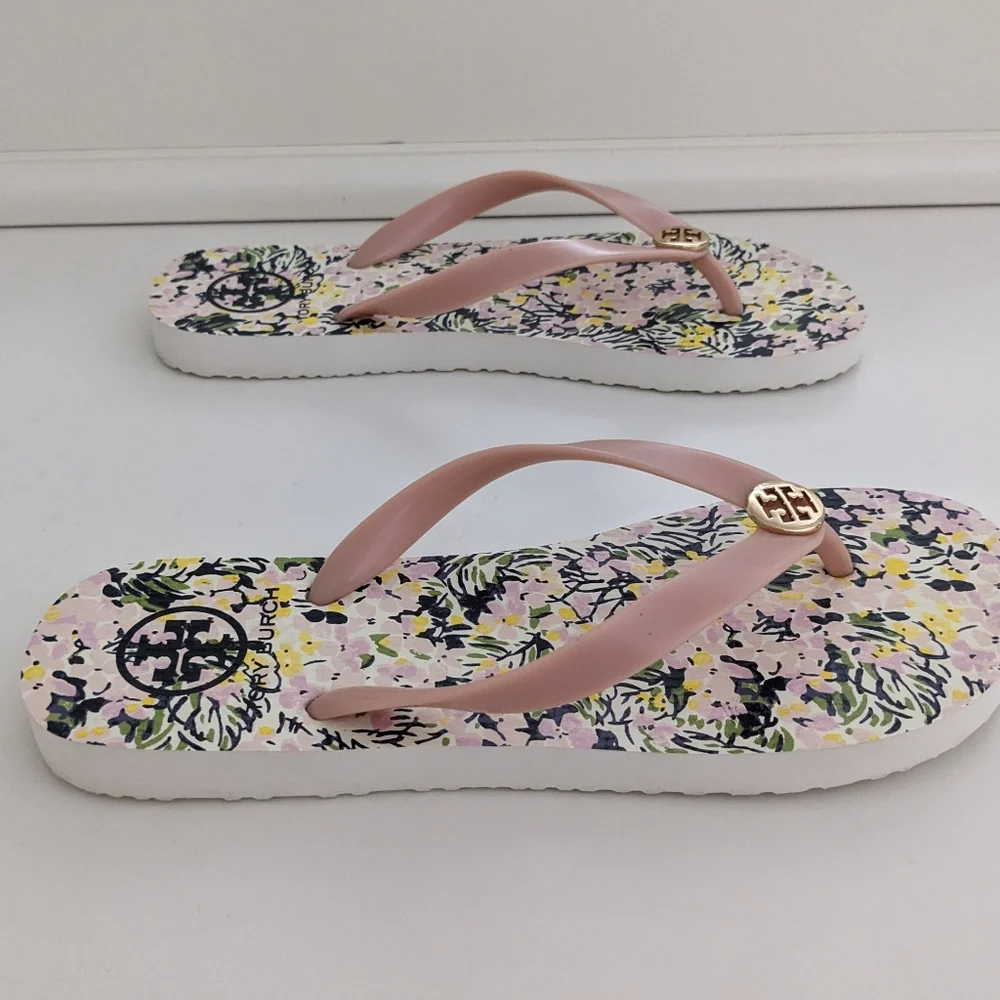 EUC! Tory Burch Flip Flop Sandal In Pink Quartz Flower Field Size 8 - Picture 7 of 15